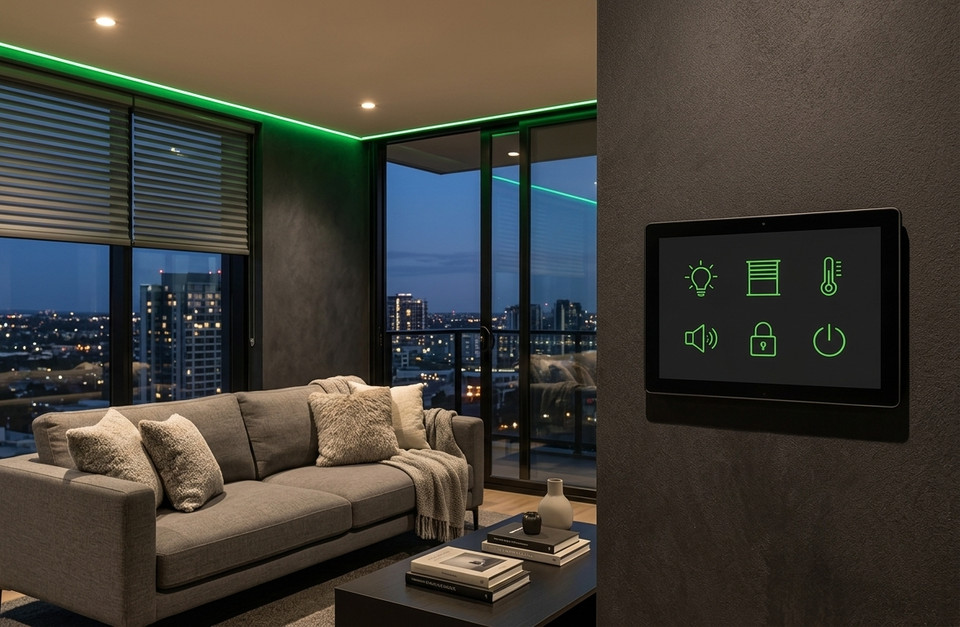 A wall touchscreen controlling a lounge with motorised blinds