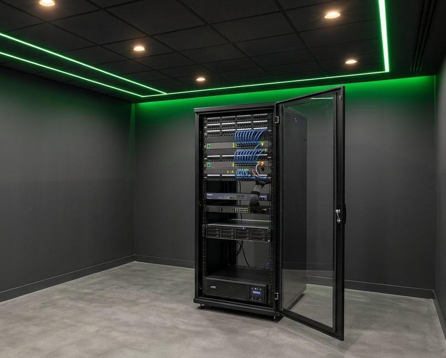 A tidy network rack in a server room