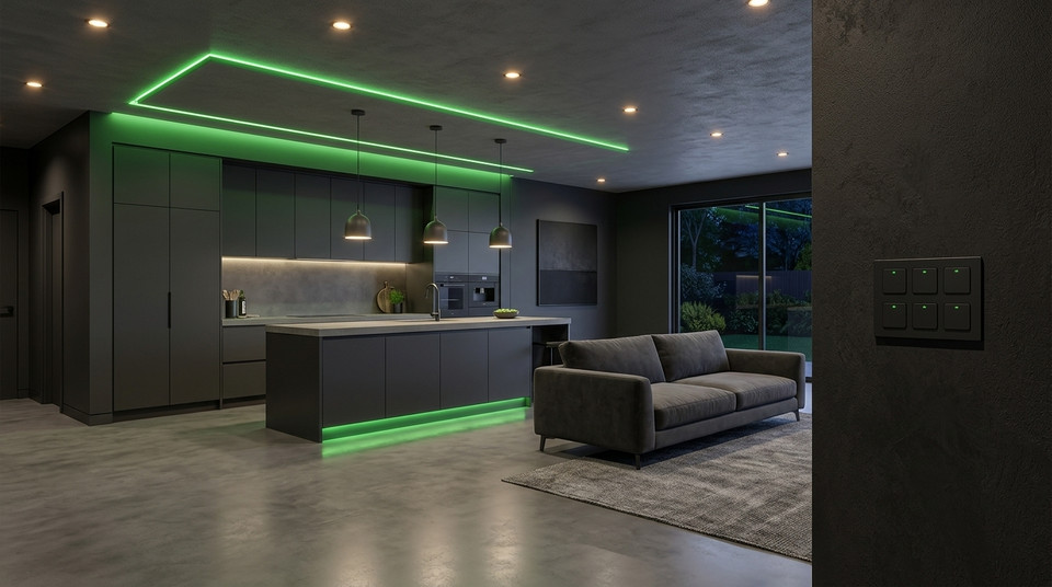 A kitchen and lounge with layered lighting and a wall keypad